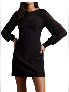 Anthropologie Maeve Black Sheer Long Sleeve Mini Dress, SIZE 14